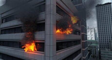 A 3D concept of a burning building indicating ASET vs RSET concepts.